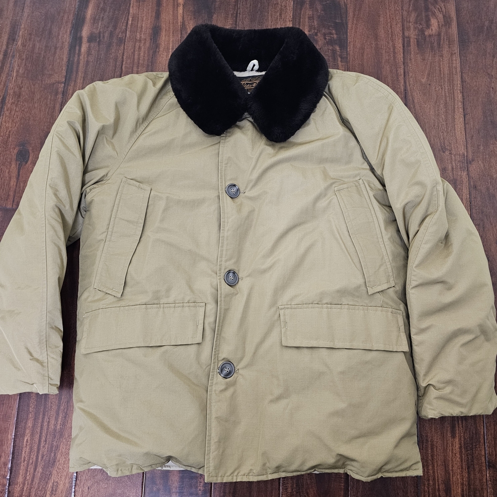 Vintage Eddie Bauer Olive Green Military Field Jacket with Black Fur Collar